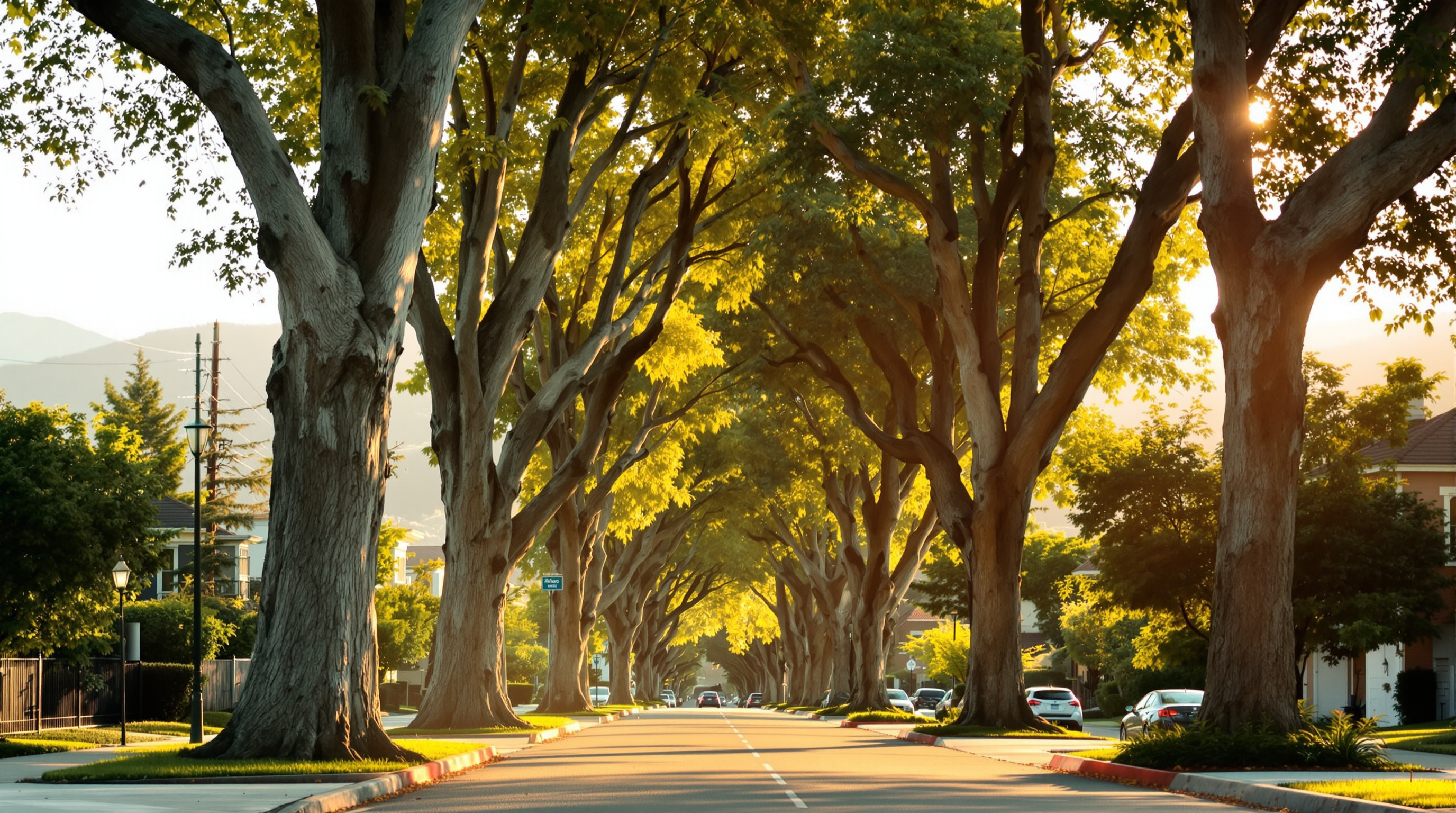 A tree-lined East Bay neighborhood in warm afternoon light