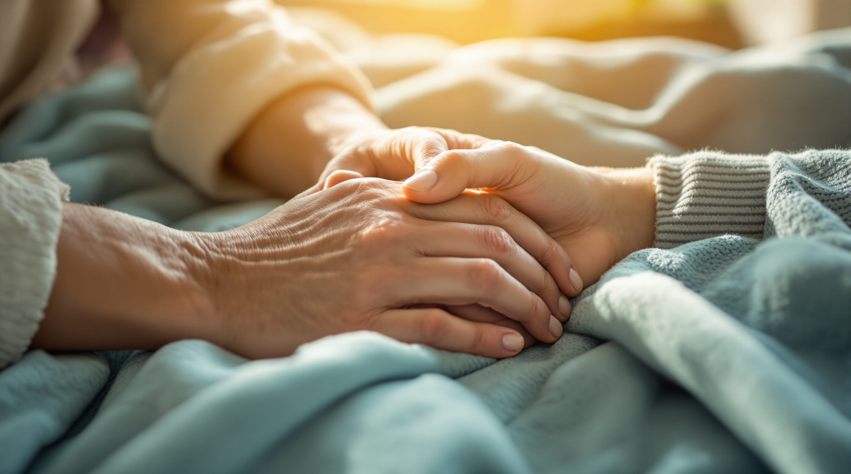 A younger hand gently holding an older hand, conveying caregiving and connection