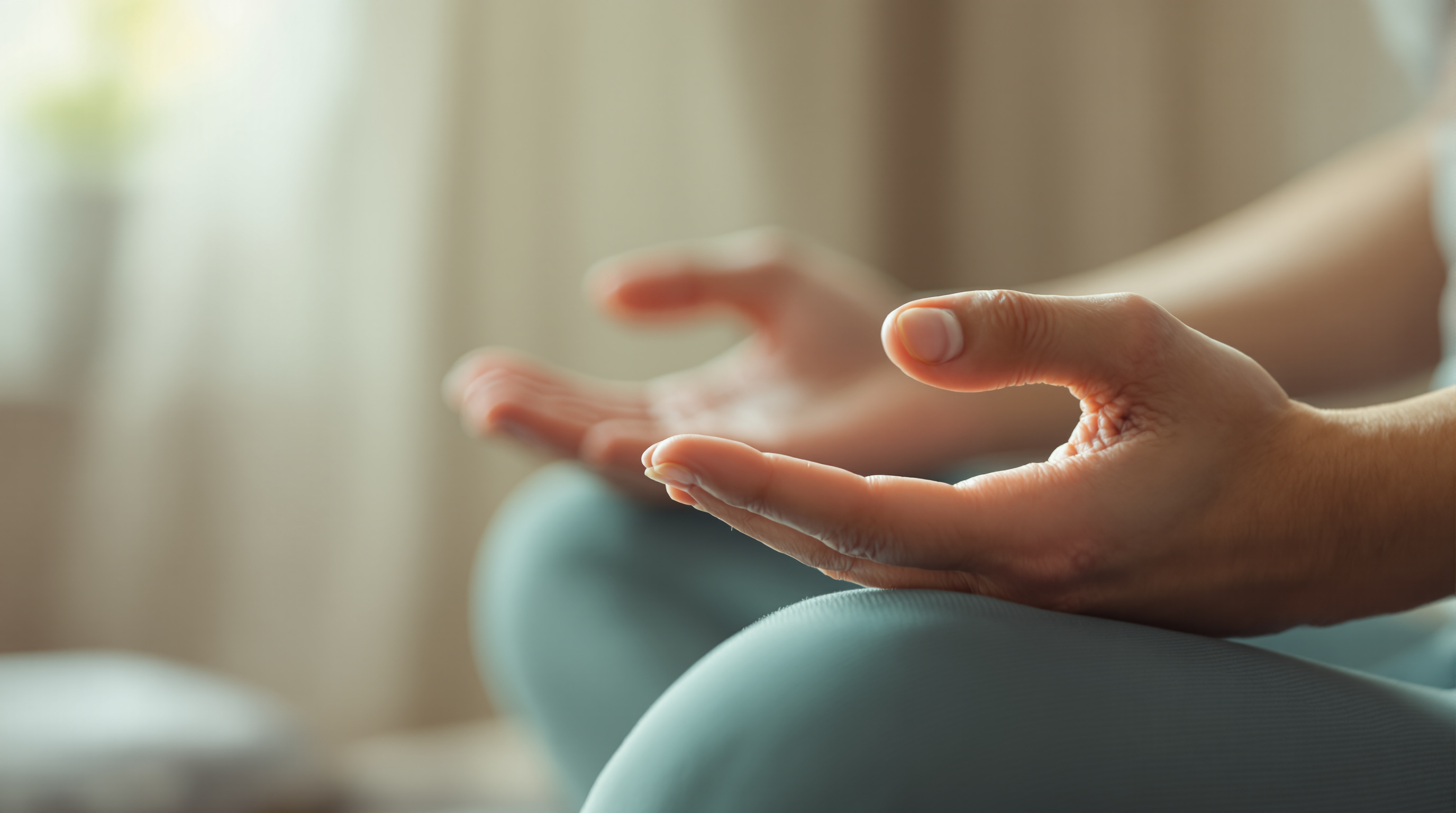 Open hands resting calmly during a breathing exercise to ease anxiety