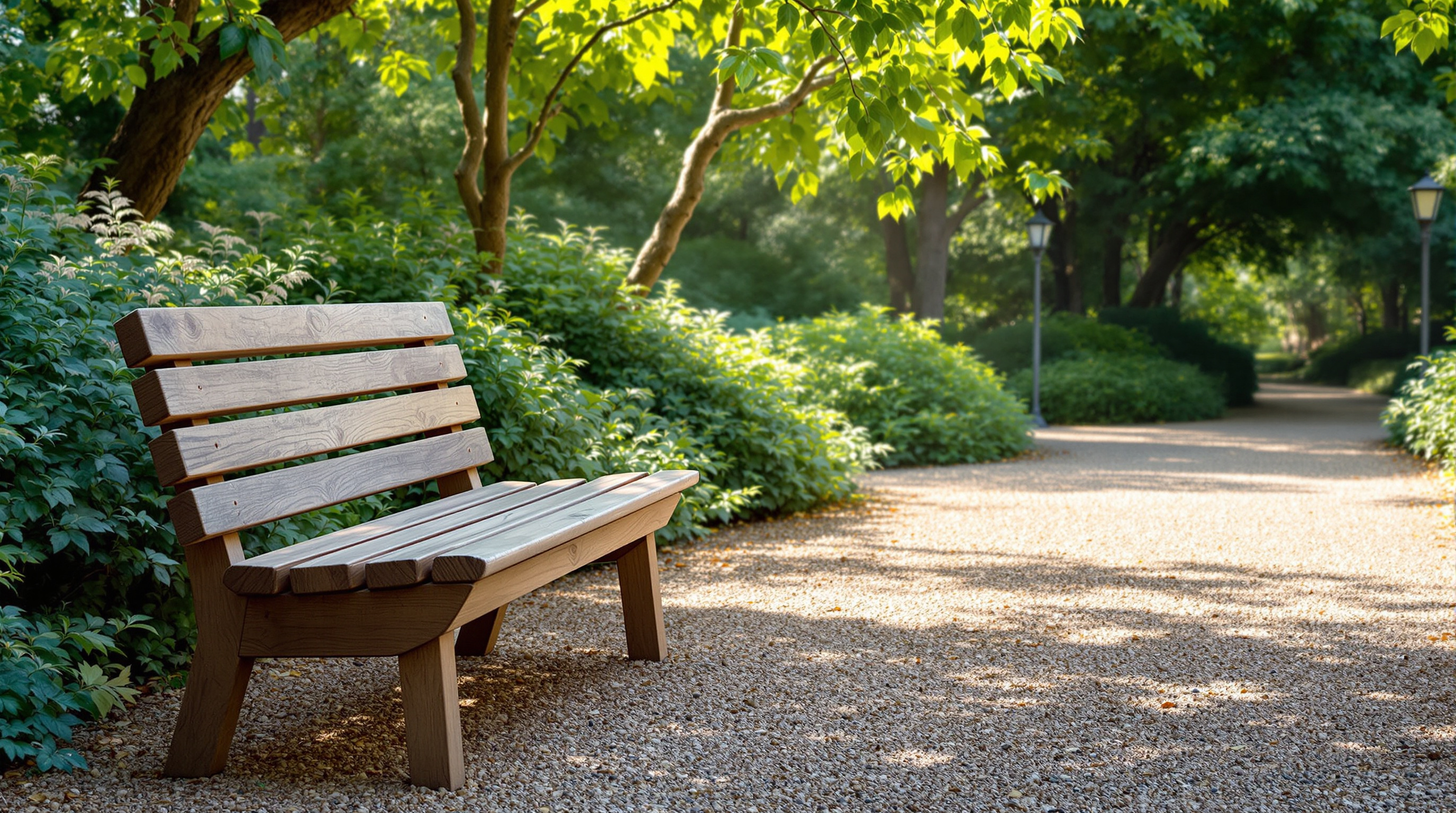 A bench beside a forking garden path, symbolizing a thoughtful choice