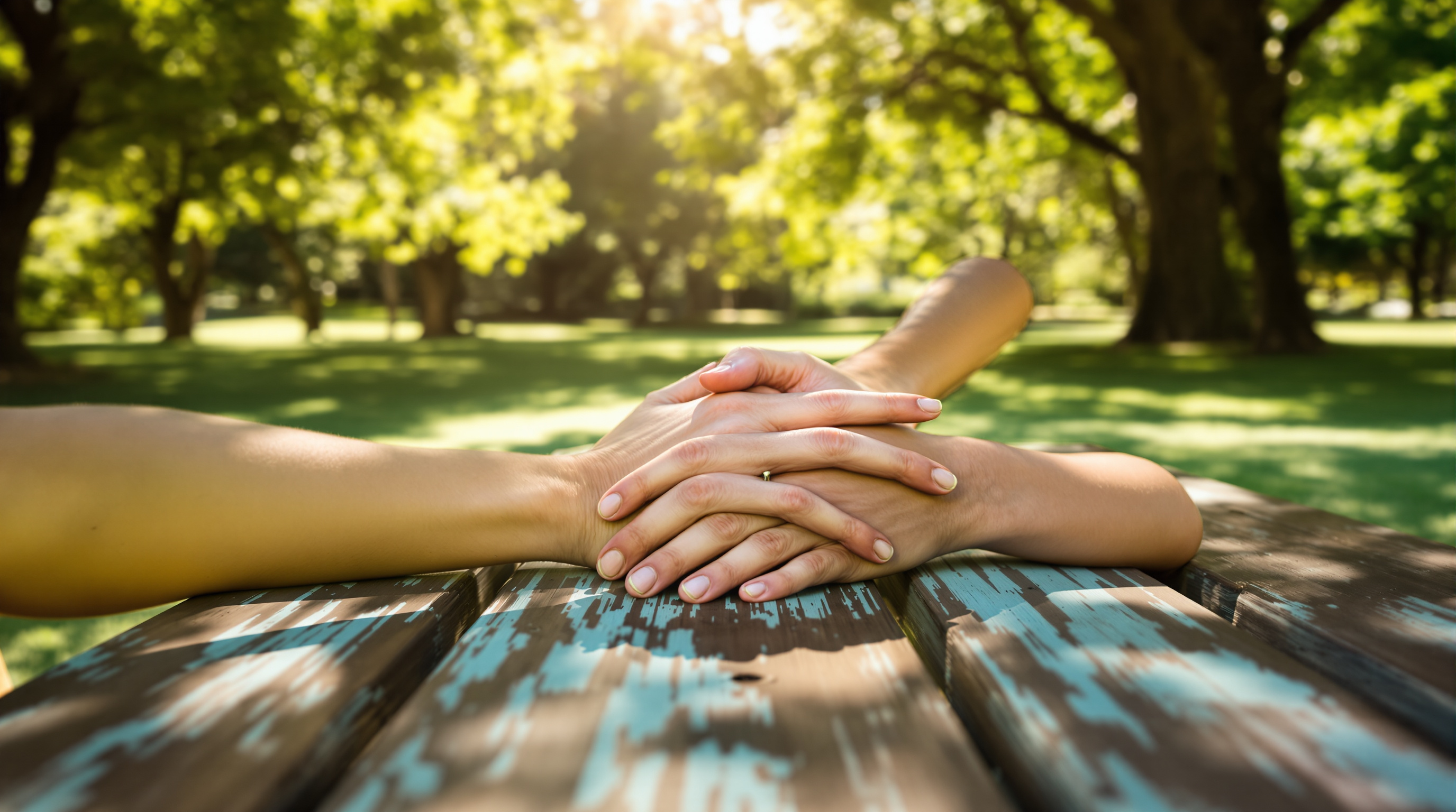Family hands stacked together outdoors, symbolizing support and togetherness