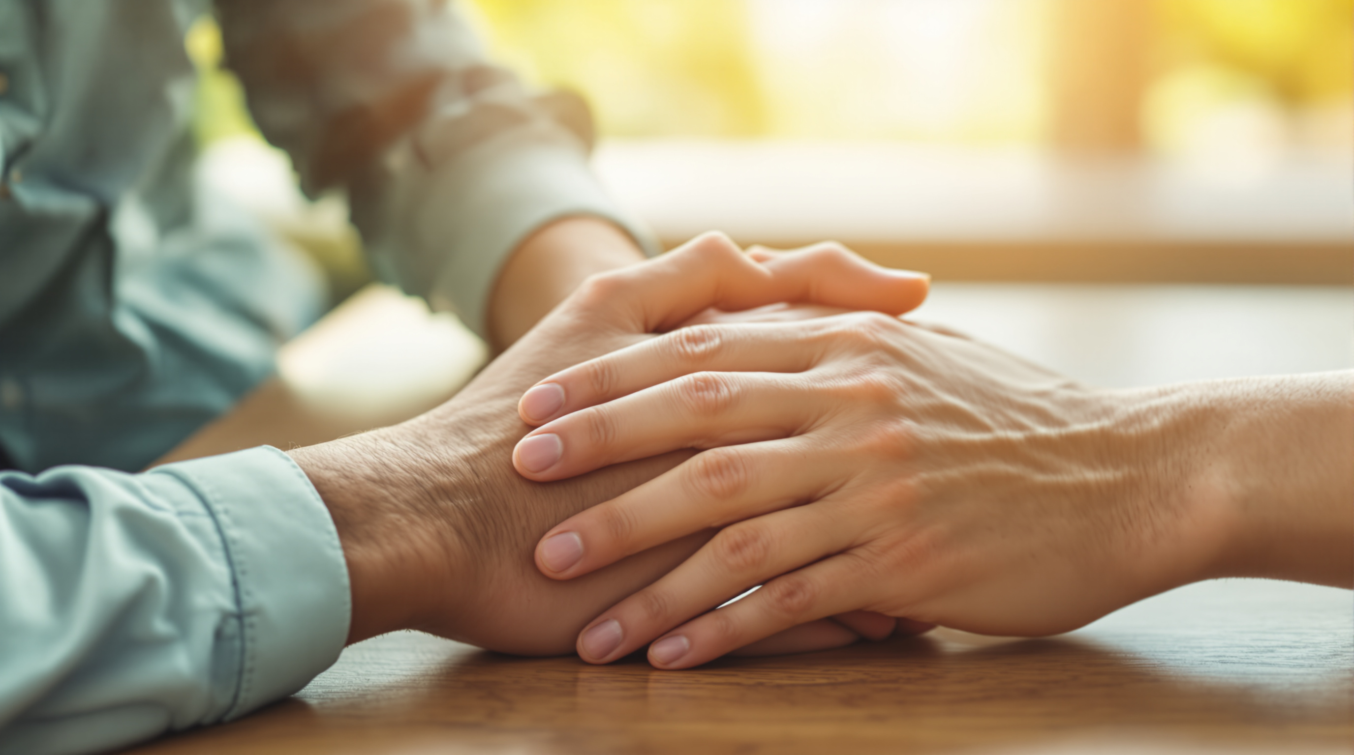 Two people's hands clasped in a gesture of support and trust