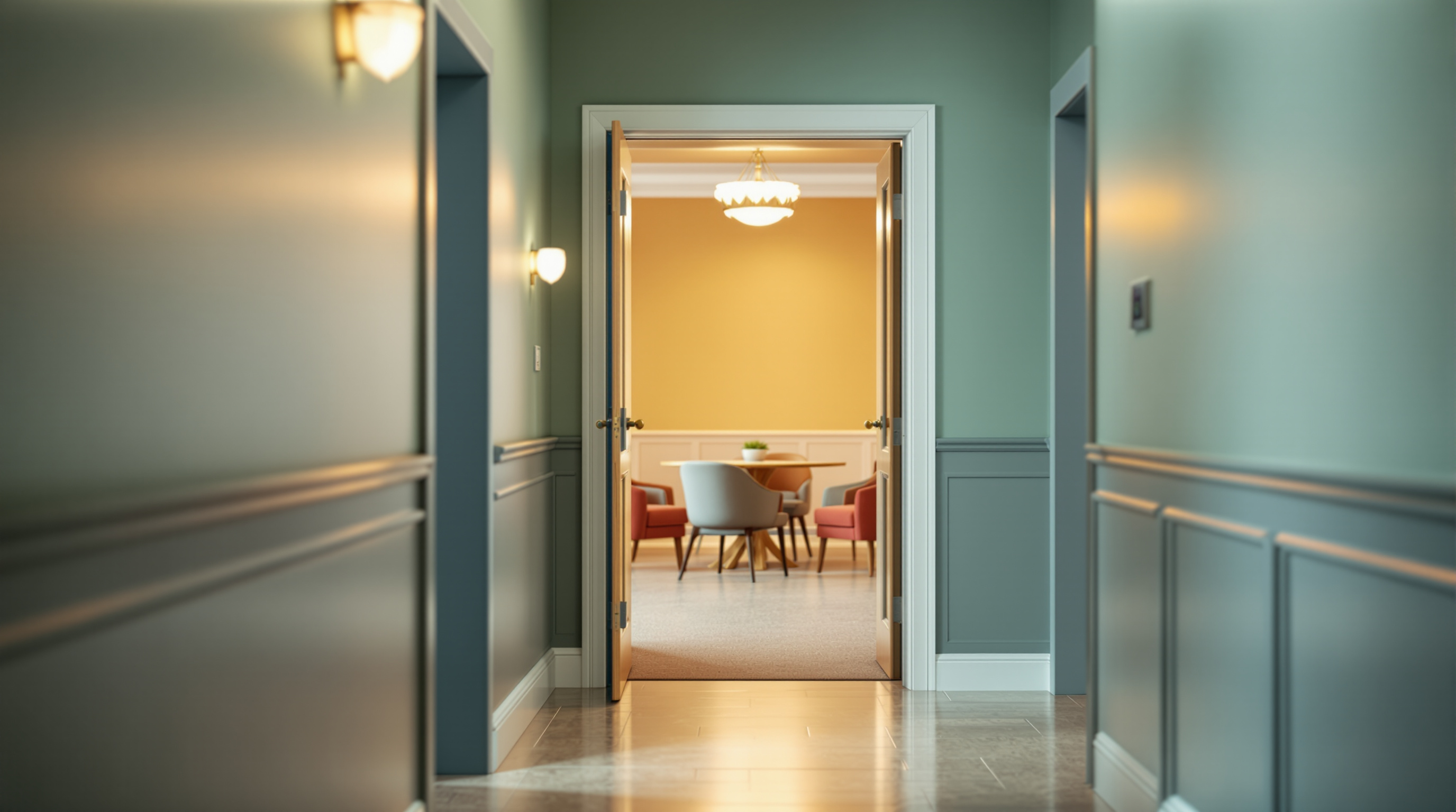 An open doorway toward a warmly lit room, the threshold between solitude and connection