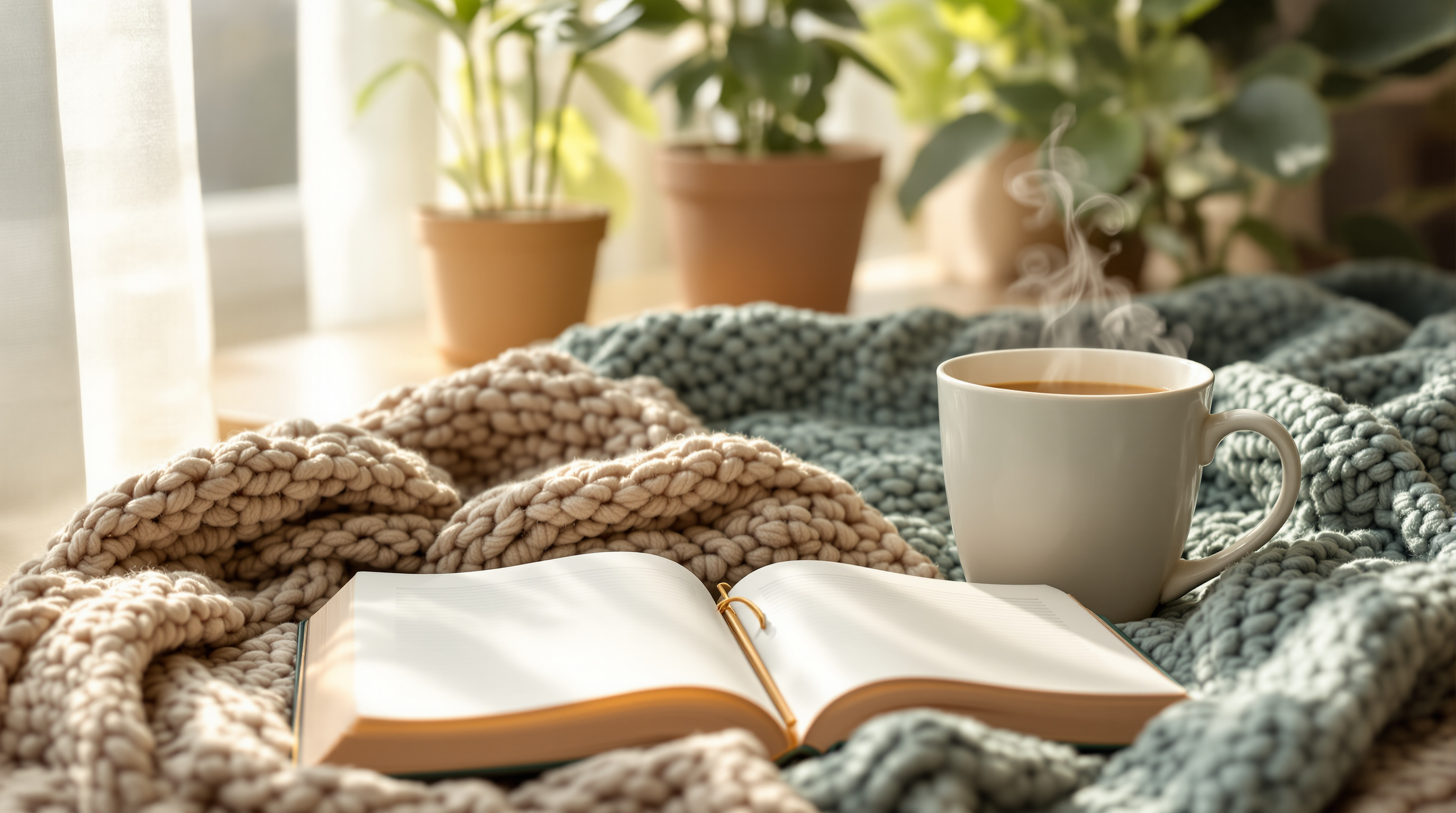 A journal and warm tea by a sunlit window, a calm space for reflection